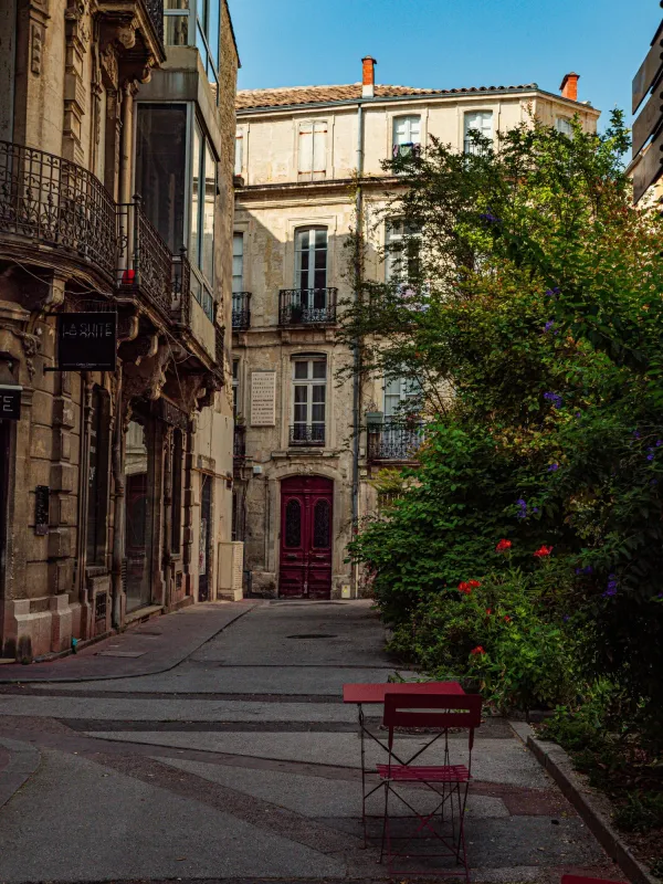 Rue Marioge dans le quartier des Arceaux à Montpellier, avec ses façades anciennes et ses jardins